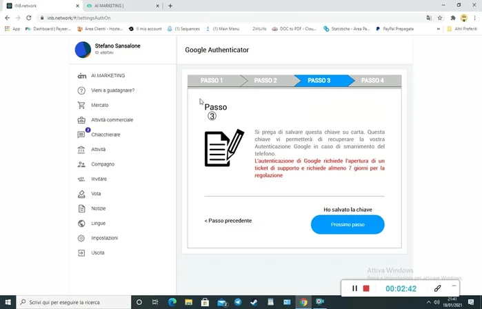 Salva le impostazioni di Google Authenticator (codice di backup). Questo è CRUCIALE per il recupero dell'accesso in caso di problemi.
