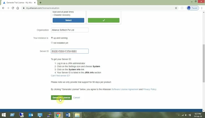 Ottenere la chiave di licenza dal sito web di Zera dopo aver creato l'istanza.