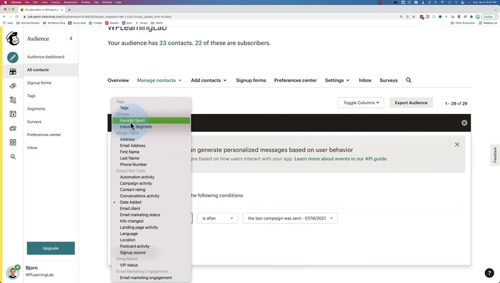 Definisci i tuoi criteri di filtro (es. apertura delle ultime campagne, posizione geografica, tag, ecc.). Nell'account gratuito puoi utilizzare fino a cinque criteri.
