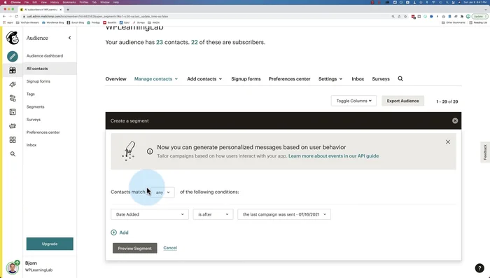 Clicca su 'Anteprima segmento' per verificare i risultati del tuo filtro.