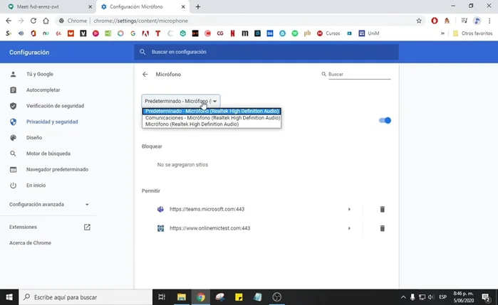 Verifica che il tuo microfono (es. 'Microfono ad alta definizione') sia elencato e abilitato. Se non lo è, seleziona il tuo microfono e consenti l'accesso.
