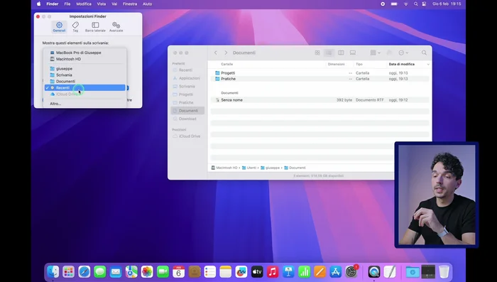 Imposta la cartella di apertura predefinita del Finder (es. Scrivania o Download).