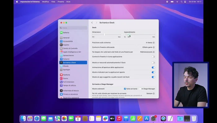Personalizza il Dock: attiva l'ingrandimento, posiziona il Dock in basso, usa l'effetto "Contrai in icona" e nascondi automaticamente il Dock per un'area di lavoro pulita. Rimuovi le app suggerite.