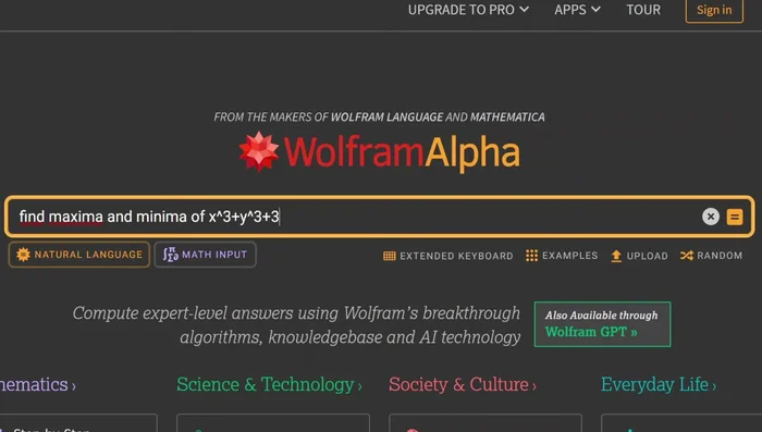 Massimi e minimi in due variabili: Scrivi 'Find Maxima and minima of [funzione]' per trovare punti di massimo, minimo e di sella.