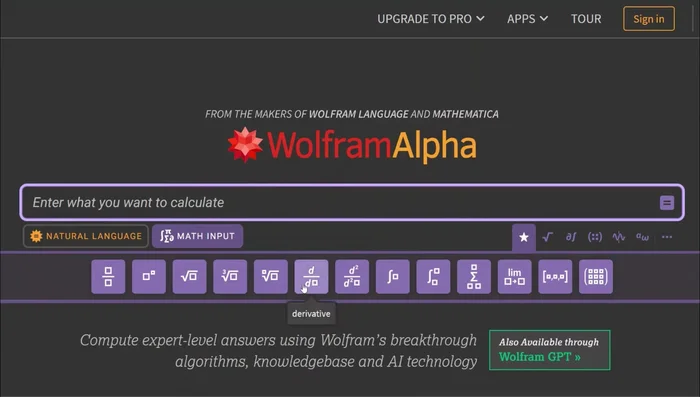 Per Analisi 1: Utilizza la barra di input 'Mathematica input' e clicca sulla stellina per trovare operatori matematici (limiti, derivate, integrali). Definisci la funzione e la variabile. Premi invio.
