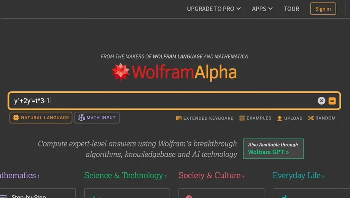 Equazioni differenziali: Scrivi l'equazione, usando l'apice per le derivate. Aggiungi le condizioni iniziali con una virgola.
