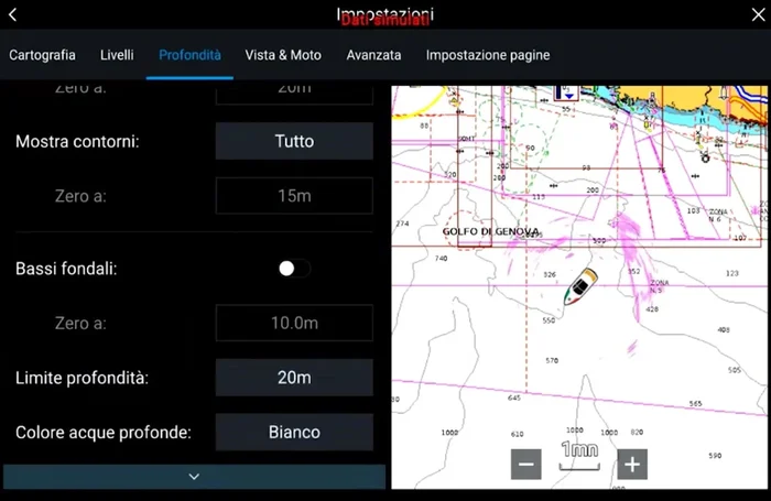 Configurare le impostazioni di profondità, inclusi gli allarmi e i colori del fondale. Attivare la funzione SonarChart™ se disponibile e compatibile.