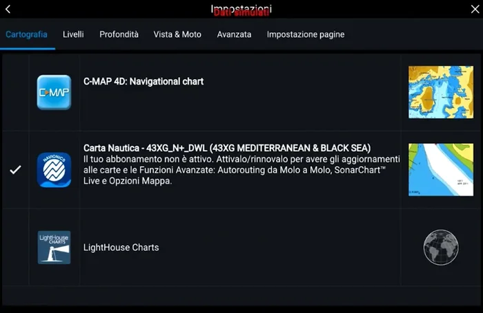Selezionare la categoria cartografica desiderata (es. Navionics). Verificare la versione della carta per eventuali aggiornamenti.
