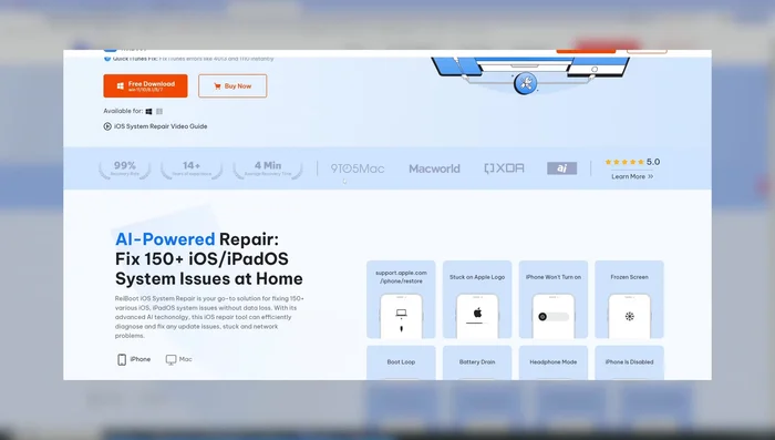 Collega l'iPhone al computer e mettilo in modalità di recupero (premi il volume giù e tieni premuto il pulsante di accensione). Apri ReiBoot, tocca "Inizia riparazione", seleziona "Riparazione standard" e scarica il firmware. Dopo il download, clicca su "Inizia riparazione standard".