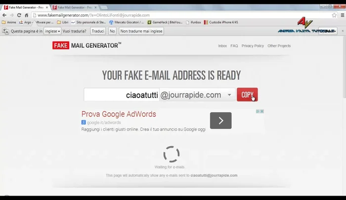 Copia l'indirizzo email generato.