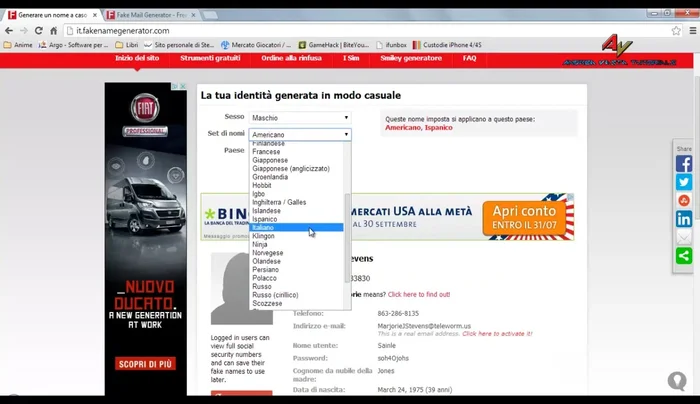 Specifica il sesso e il paese per ottenere un'identità fittizia completa (nome, cognome, indirizzo, numero di telefono, ecc.).